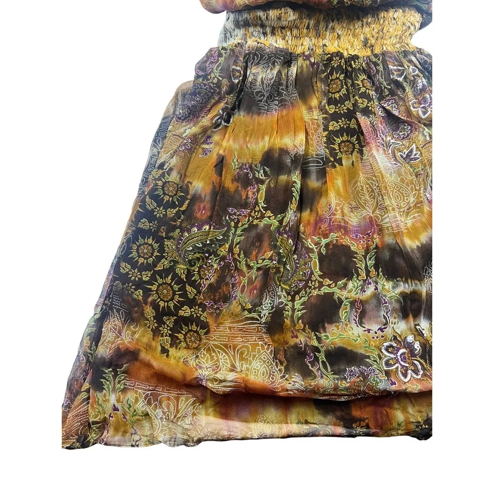 Vintage Y2K 100% SILK Halter Mini Dress Size 14 Open Back Lined Boho Browns - Picture 6 of 13